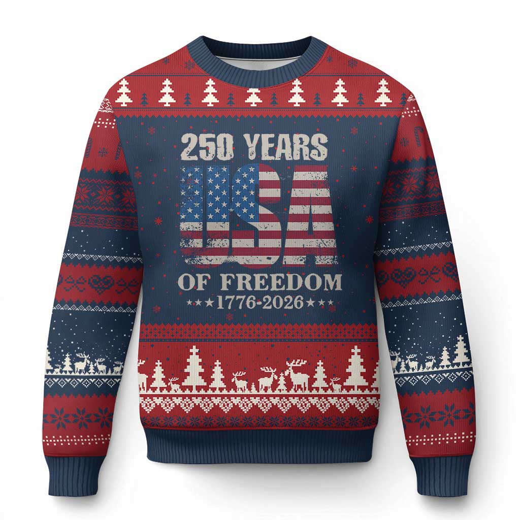 USA Flag 250 Years of Freedom Ugly Christmas Sweater Vintage Patriotic 1776 to 2026 Semiquincentennial TS02 Navy Red Print Your Wear