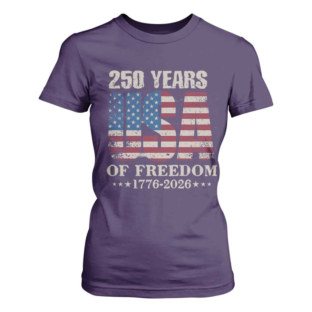USA Flag 250 Years of Freedom T Shirt For Women Vintage Patriotic 1776 to 2026 Semiquincentennial TS02 Purple Print Your Wear