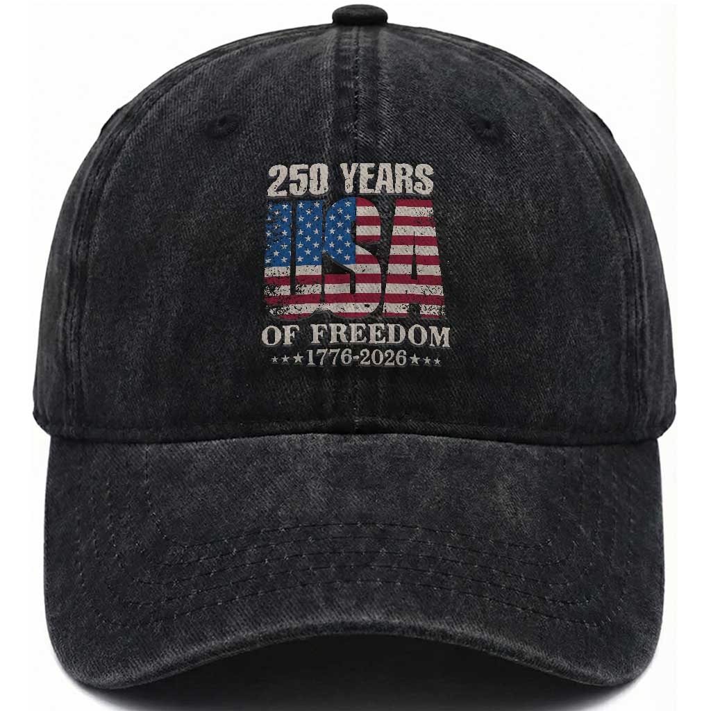 USA Flag 250 Years of Freedom Washed Cotton Baseball Cap Vintage Patriotic 1776 to 2026 Semiquincentennial TS02 Washed Cap Universal Fit Black Print Your Wear