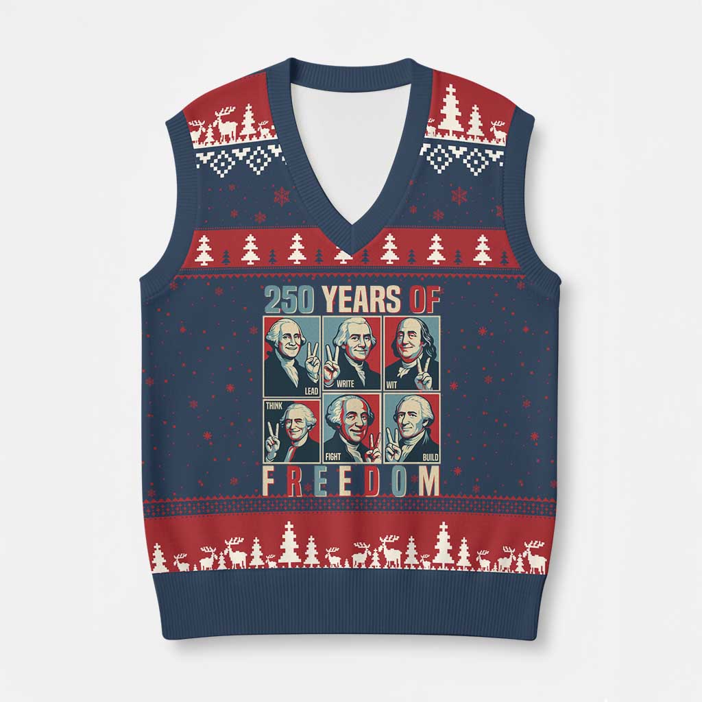 Founding Fathers 250 Years of Freedom V-Neck Knit Sweater Vest Patriotic Pop Art Style Semiquincentennial 2026 TS02 Navy Red Print Your Wear