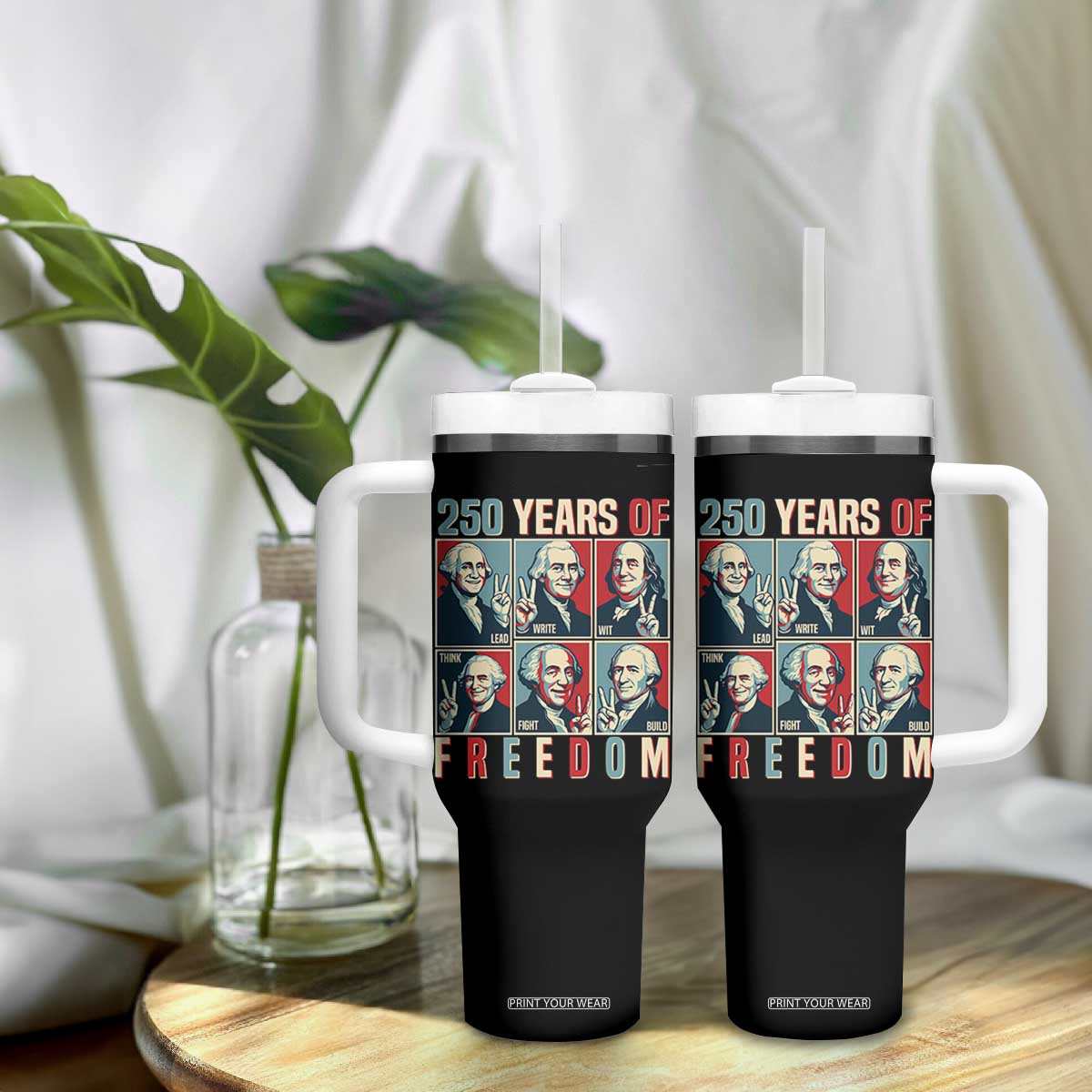 Founding Fathers 250 Years of Freedom Tumbler With Handle Patriotic Pop Art Style Semiquincentennial 2026 TS02 Print Your Wear