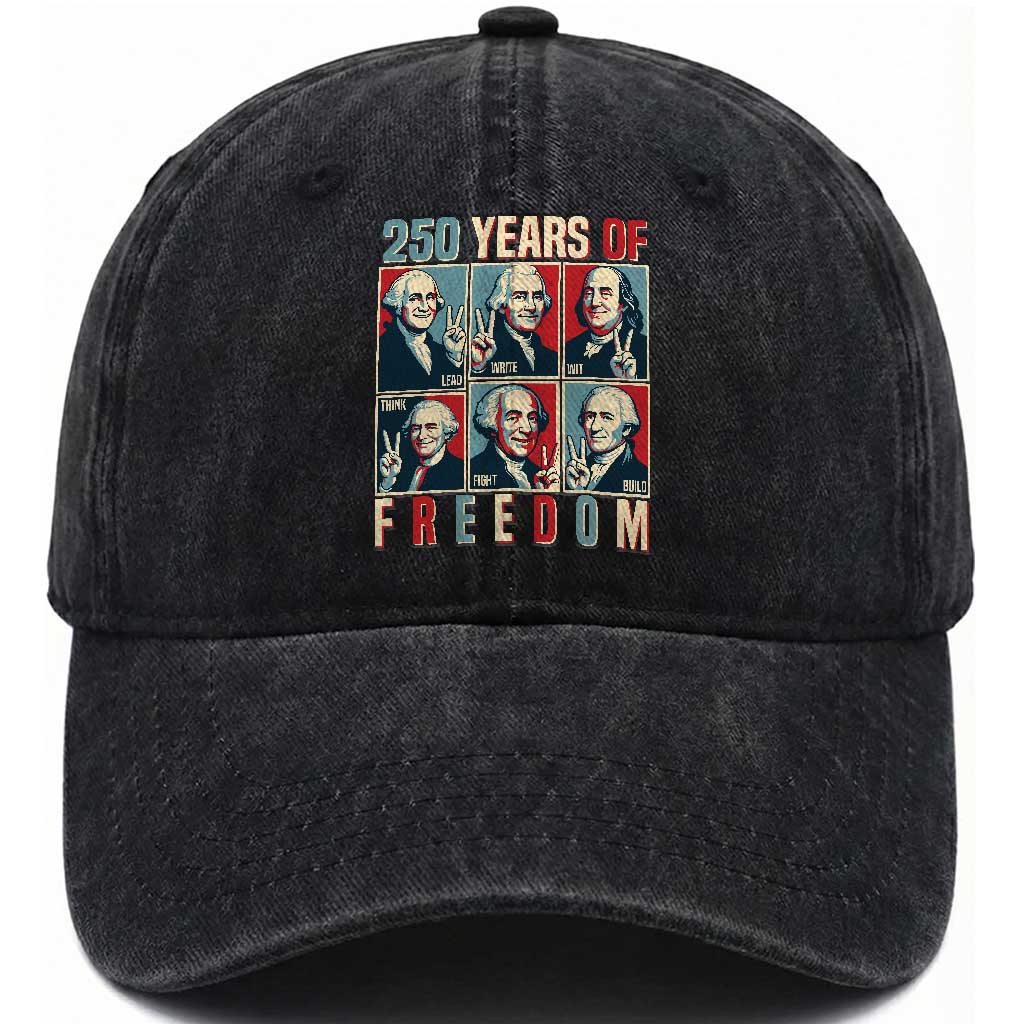 Founding Fathers 250 Years of Freedom Washed Cotton Baseball Cap Patriotic Pop Art Style Semiquincentennial 2026 TS02 Washed Cap Universal Fit Black Print Your Wear