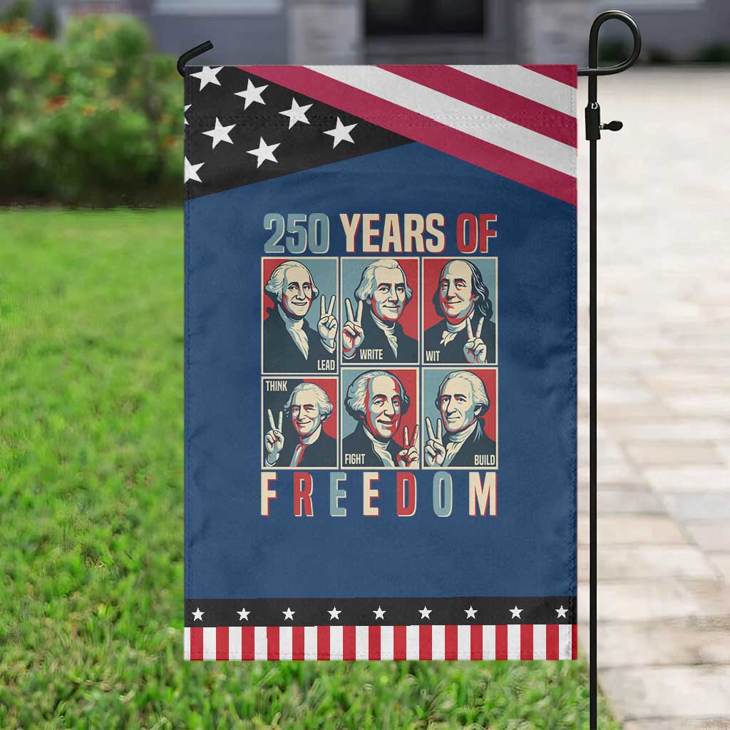 Founding Fathers 250 Years of Freedom Garden Flag Patriotic Pop Art Style Semiquincentennial 2026 TS02 Classic Blue Black Print Your Wear