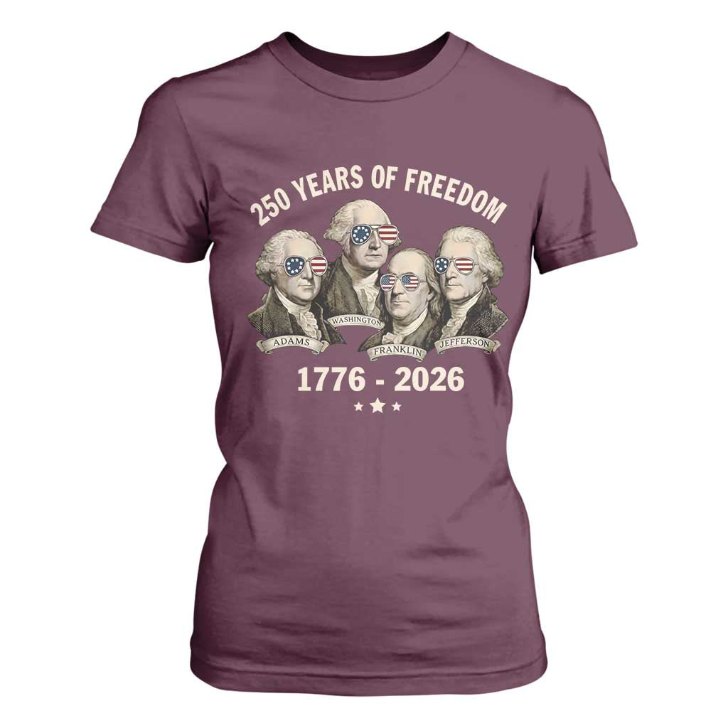 250 Years of Freedom Founding Fathers T Shirt For Women Patriotic 1776 to 2026 July 4th American History TS02 Maroon Print Your Wear