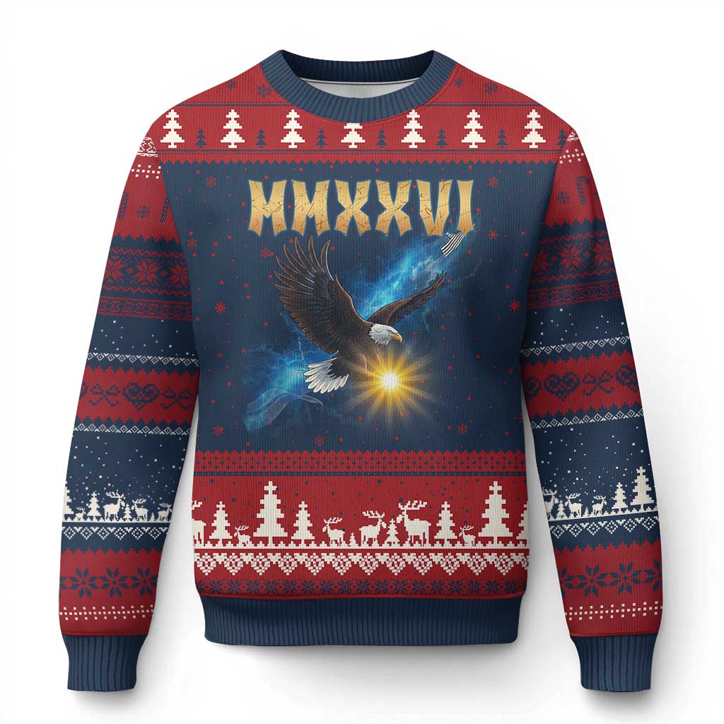 MMXXVI 2026 Eagle Ugly Christmas Sweater Epic Patriotic Capitol Flag USA 250th Anniversary TS02 Navy Red Print Your Wear