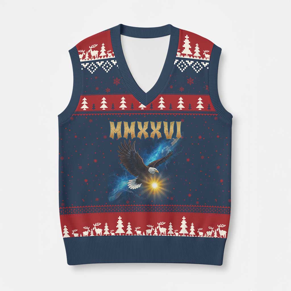 MMXXVI 2026 Eagle V-Neck Knit Sweater Vest Epic Patriotic Capitol Flag USA 250th Anniversary TS02 Navy Red Print Your Wear