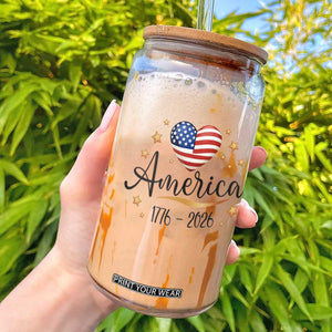 America Heart 250 Years Glass Can US Semiquincentennial Cute Patriotic 1776 to 2026 TS02 White Print Your Wear
