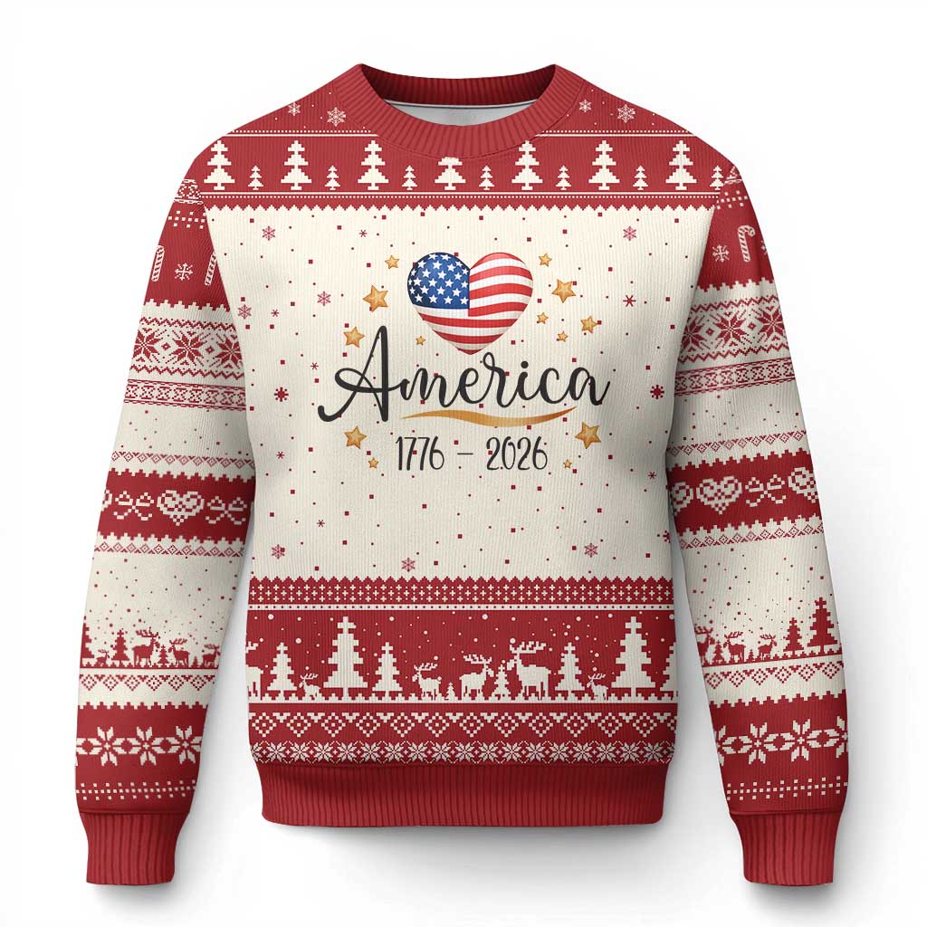 America Heart 250 Years Ugly Christmas Sweater US Semiquincentennial Cute Patriotic 1776 to 2026 TS02 Beige Red Print Your Wear