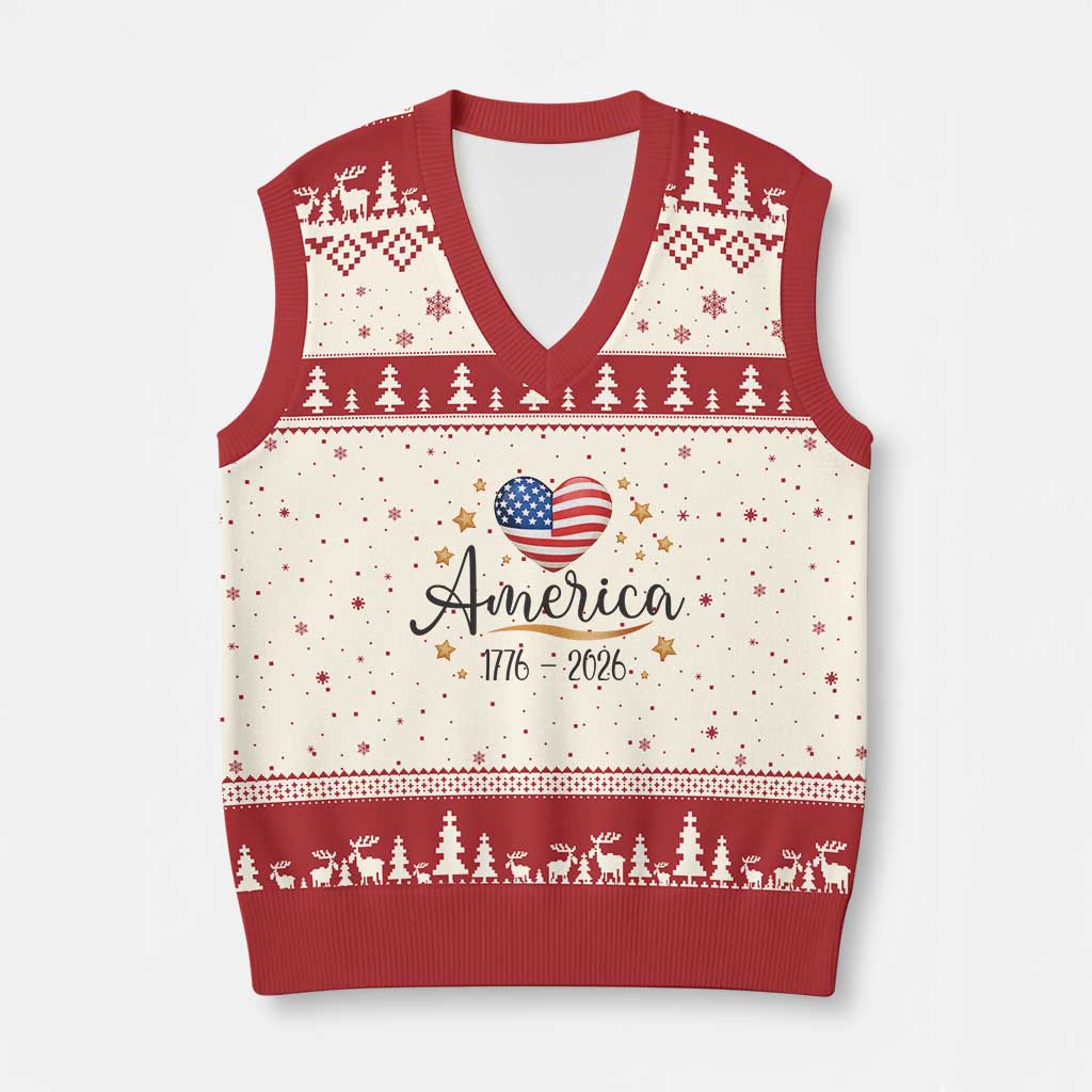 America Heart 250 Years V-Neck Knit Sweater Vest US Semiquincentennial Cute Patriotic 1776 to 2026 TS02 Beige Red Print Your Wear