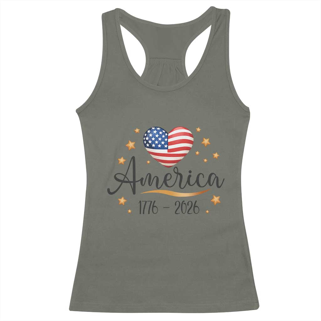 America Heart 250 Years Racerback Tank Top US Semiquincentennial Cute Patriotic 1776 to 2026 TS02 Military Green Print Your Wear