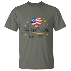 America Heart 250 Years T Shirt US Semiquincentennial Cute Patriotic 1776 to 2026 TS02 Military Green Print Your Wear