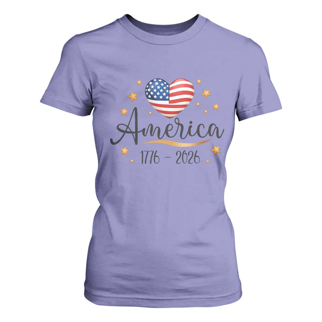 America Heart 250 Years T Shirt For Women US Semiquincentennial Cute Patriotic 1776 to 2026 TS02 Violet Print Your Wear