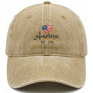 America Heart 250 Years Washed Cotton Baseball Cap US Semiquincentennial Cute Patriotic 1776 to 2026 TS02 Washed Cap Universal Fit Khaki Print Your Wear