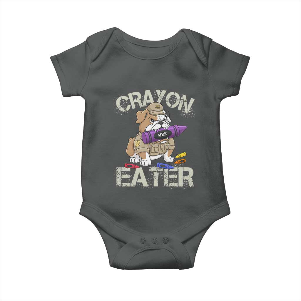 Crayon Eater Bulldog Baby Onesie Funny Military Gift with Combat Pup and MRE Crayon TS02 Dark Heather Print Your Wear