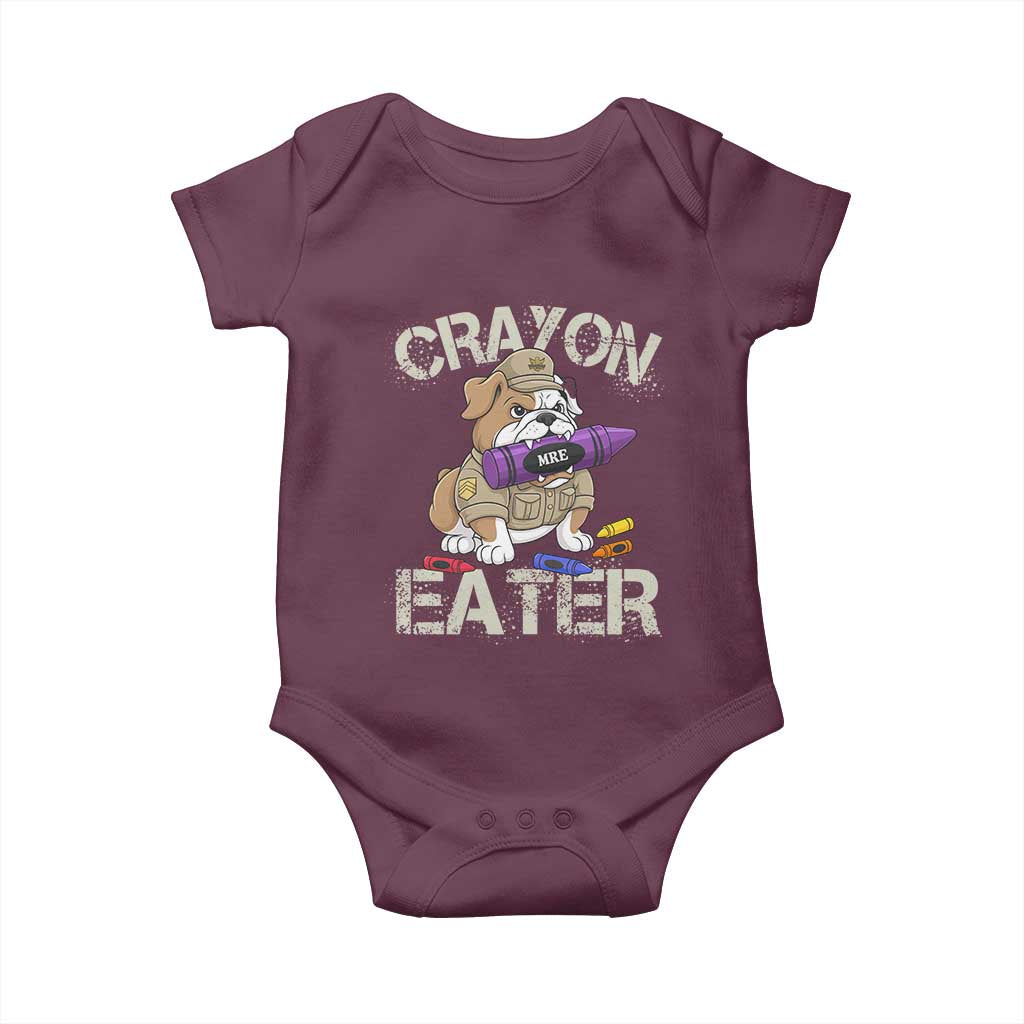 Crayon Eater Bulldog Baby Onesie Funny Military Gift with Combat Pup and MRE Crayon TS02 Maroon Print Your Wear