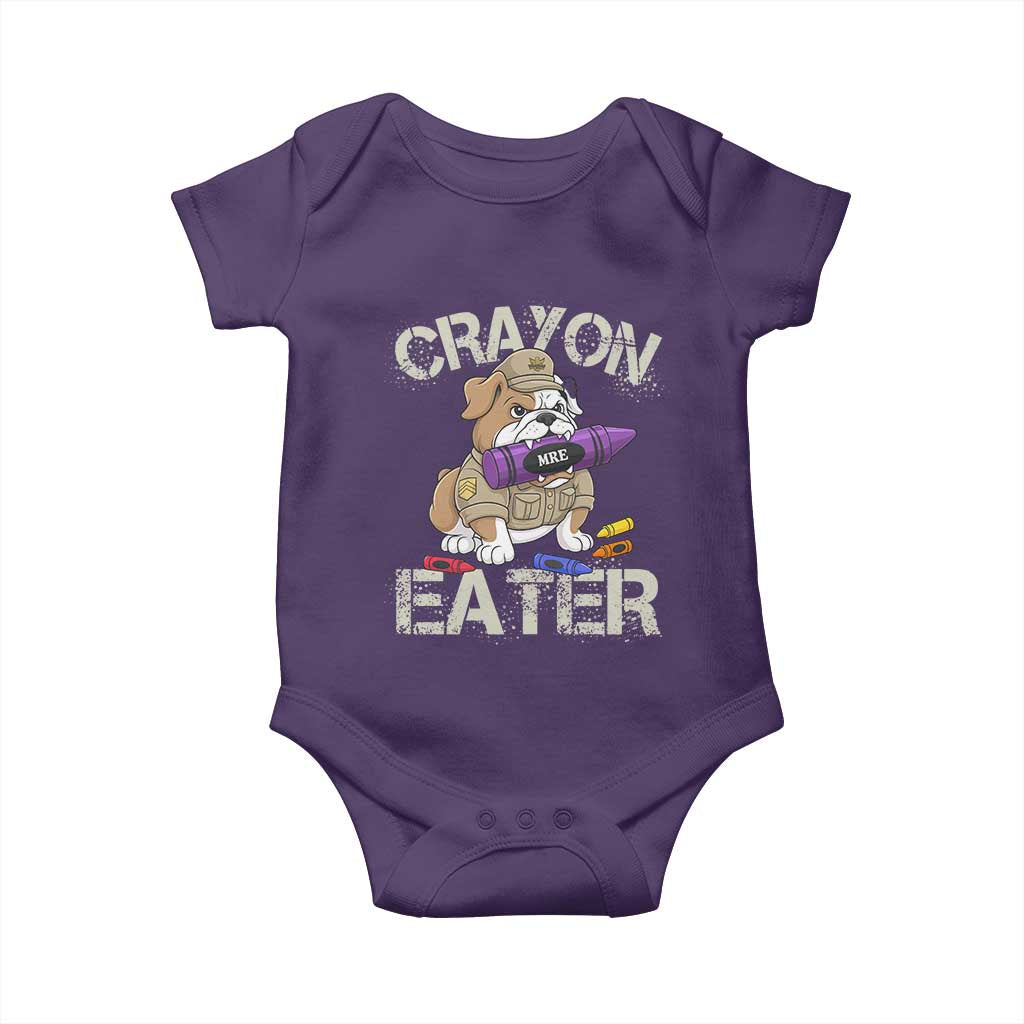 Crayon Eater Bulldog Baby Onesie Funny Military Gift with Combat Pup and MRE Crayon TS02 Purple Print Your Wear