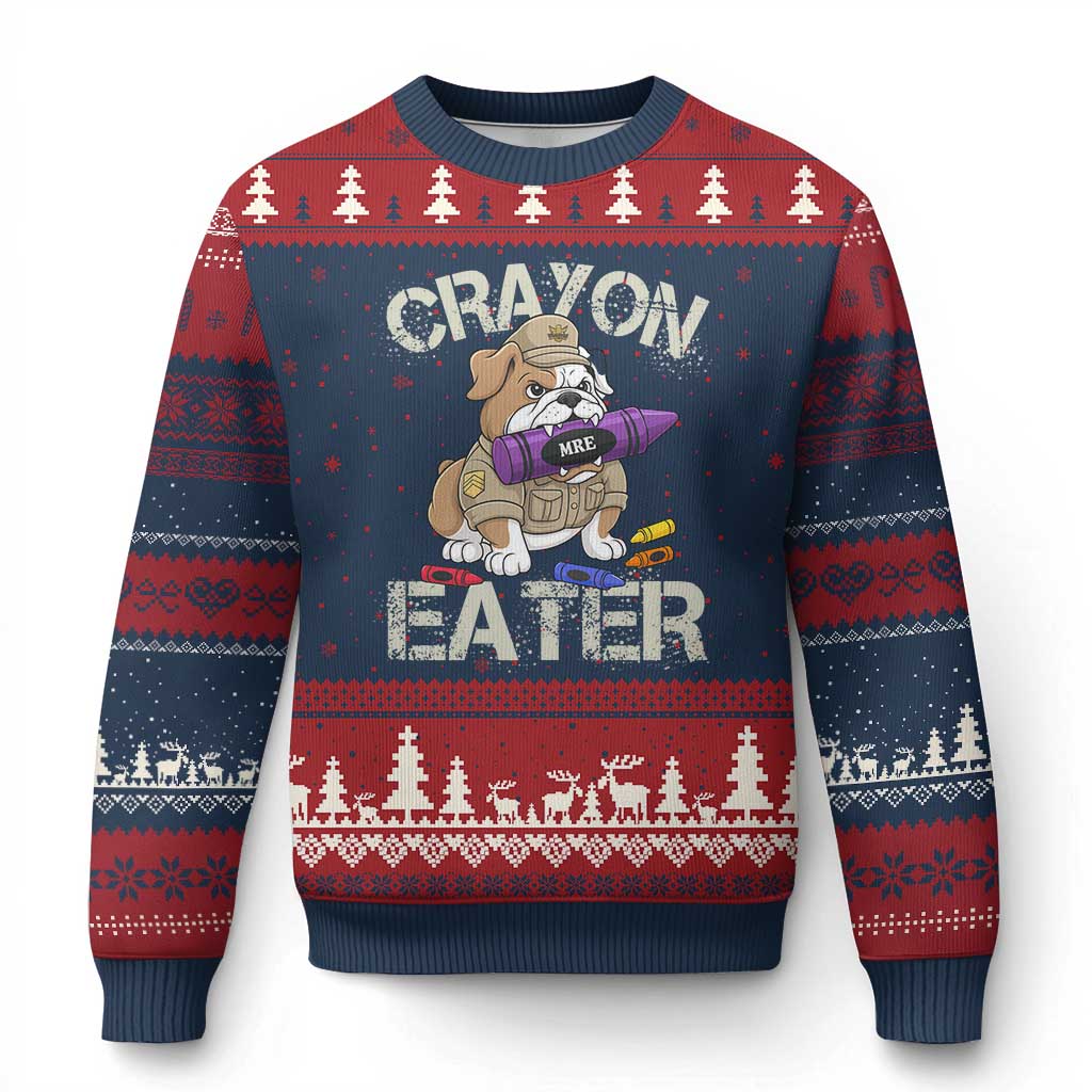 Crayon Eater Bulldog Ugly Christmas Sweater Funny Military Gift with Combat Pup and MRE Crayon TS02 Navy Red Print Your Wear