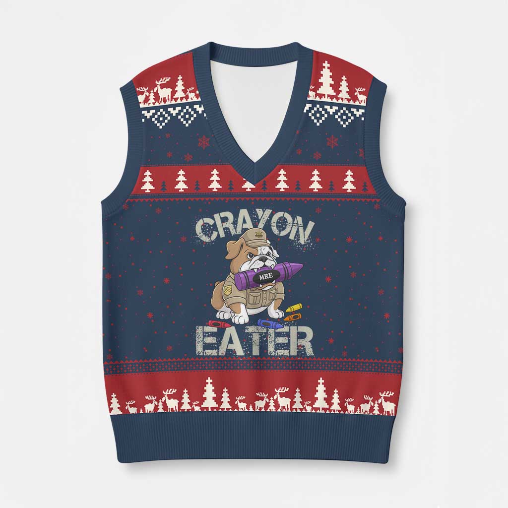 Crayon Eater Bulldog V-Neck Knit Sweater Vest Funny Military Gift with Combat Pup and MRE Crayon TS02 Navy Red Print Your Wear