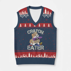 Crayon Eater Bulldog V-Neck Knit Sweater Vest Funny Military Gift with Combat Pup and MRE Crayon TS02 Navy Red Print Your Wear