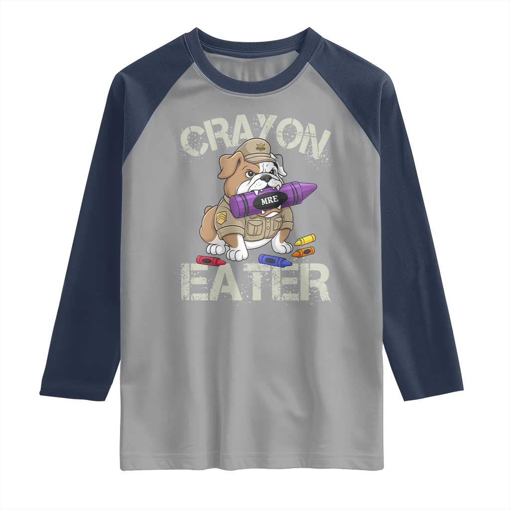 Crayon Eater Bulldog Raglan Shirt Funny Military Gift with Combat Pup and MRE Crayon TS02 Sport Gray Navy Print Your Wear