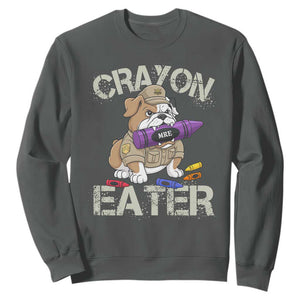 Crayon Eater Bulldog Sweatshirt Funny Military Gift with Combat Pup and MRE Crayon TS02 Dark Heather Print Your Wear