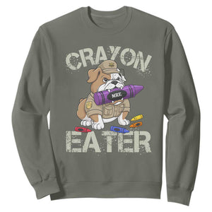 Crayon Eater Bulldog Sweatshirt Funny Military Gift with Combat Pup and MRE Crayon TS02 Military Green Print Your Wear