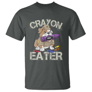Crayon Eater Bulldog T Shirt Funny Military Gift with Combat Pup and MRE Crayon TS02 Dark Heather Print Your Wear