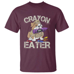 Crayon Eater Bulldog T Shirt Funny Military Gift with Combat Pup and MRE Crayon TS02 Maroon Print Your Wear