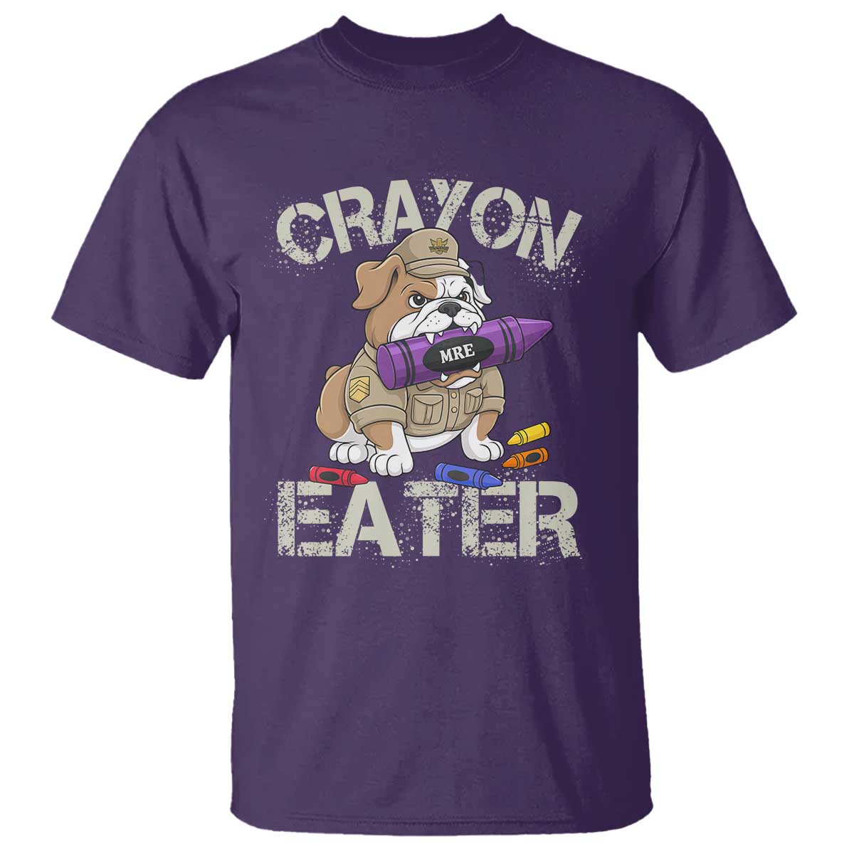 Crayon Eater Bulldog T Shirt Funny Military Gift with Combat Pup and MRE Crayon TS02 Purple Print Your Wear