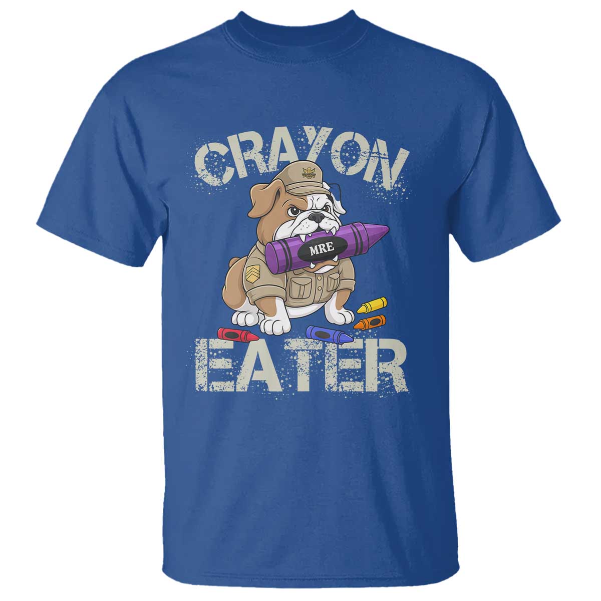 Crayon Eater Bulldog T Shirt Funny Military Gift with Combat Pup and MRE Crayon TS02 Royal Blue Print Your Wear