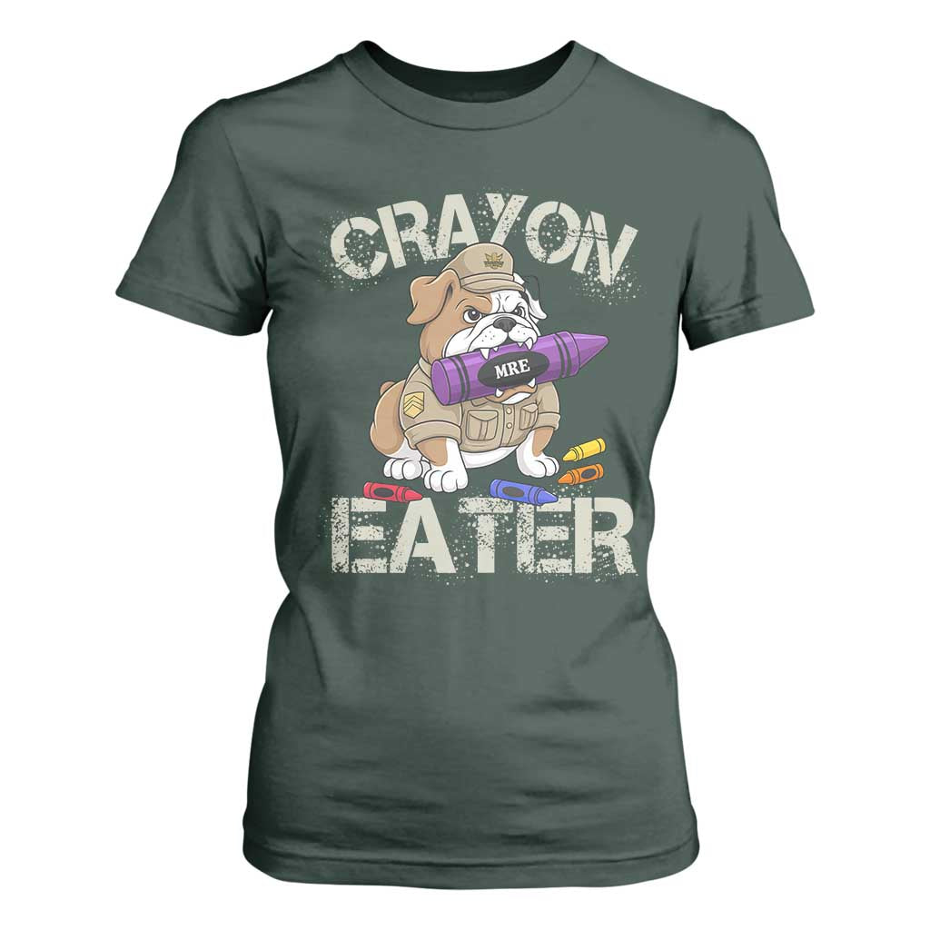 Crayon Eater Bulldog T Shirt For Women Funny Military Gift with Combat Pup and MRE Crayon TS02 Dark Forest Green Print Your Wear