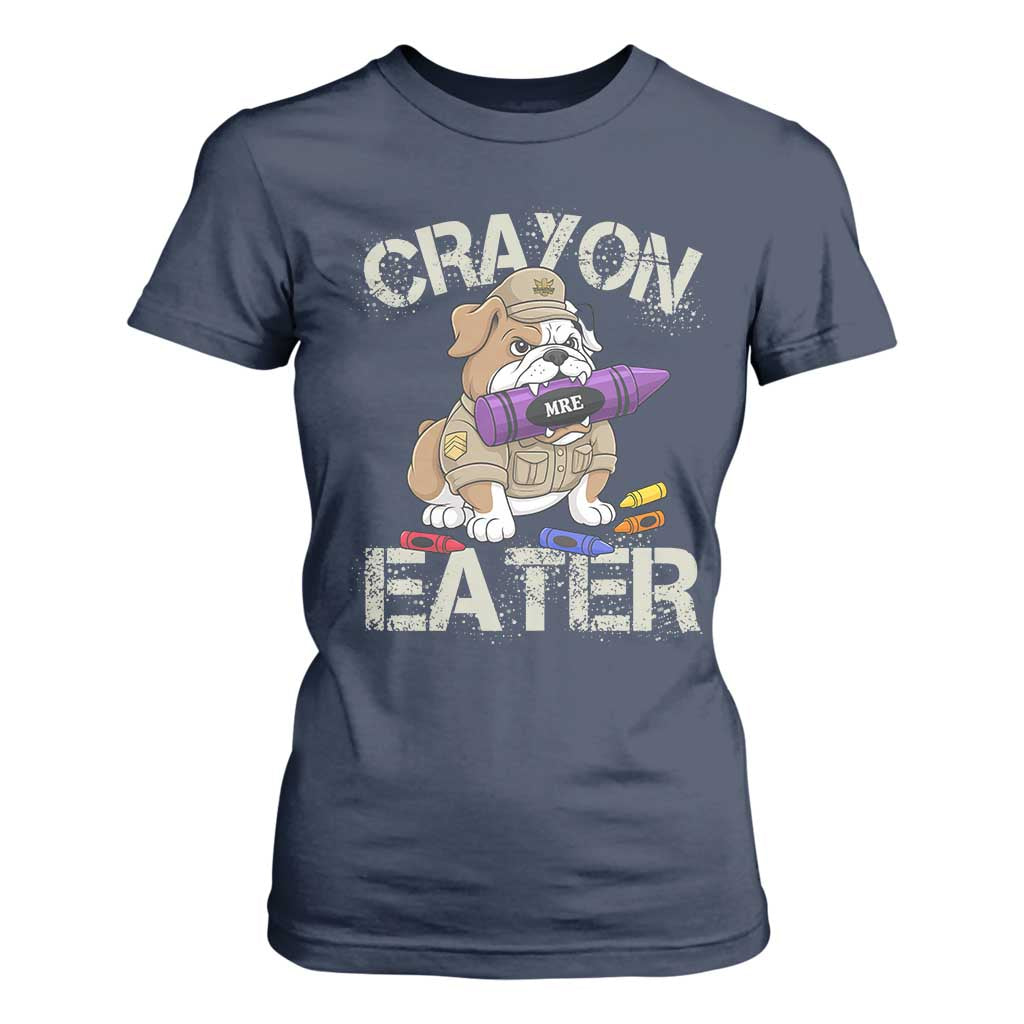 Crayon Eater Bulldog T Shirt For Women Funny Military Gift with Combat Pup and MRE Crayon TS02 Navy Print Your Wear