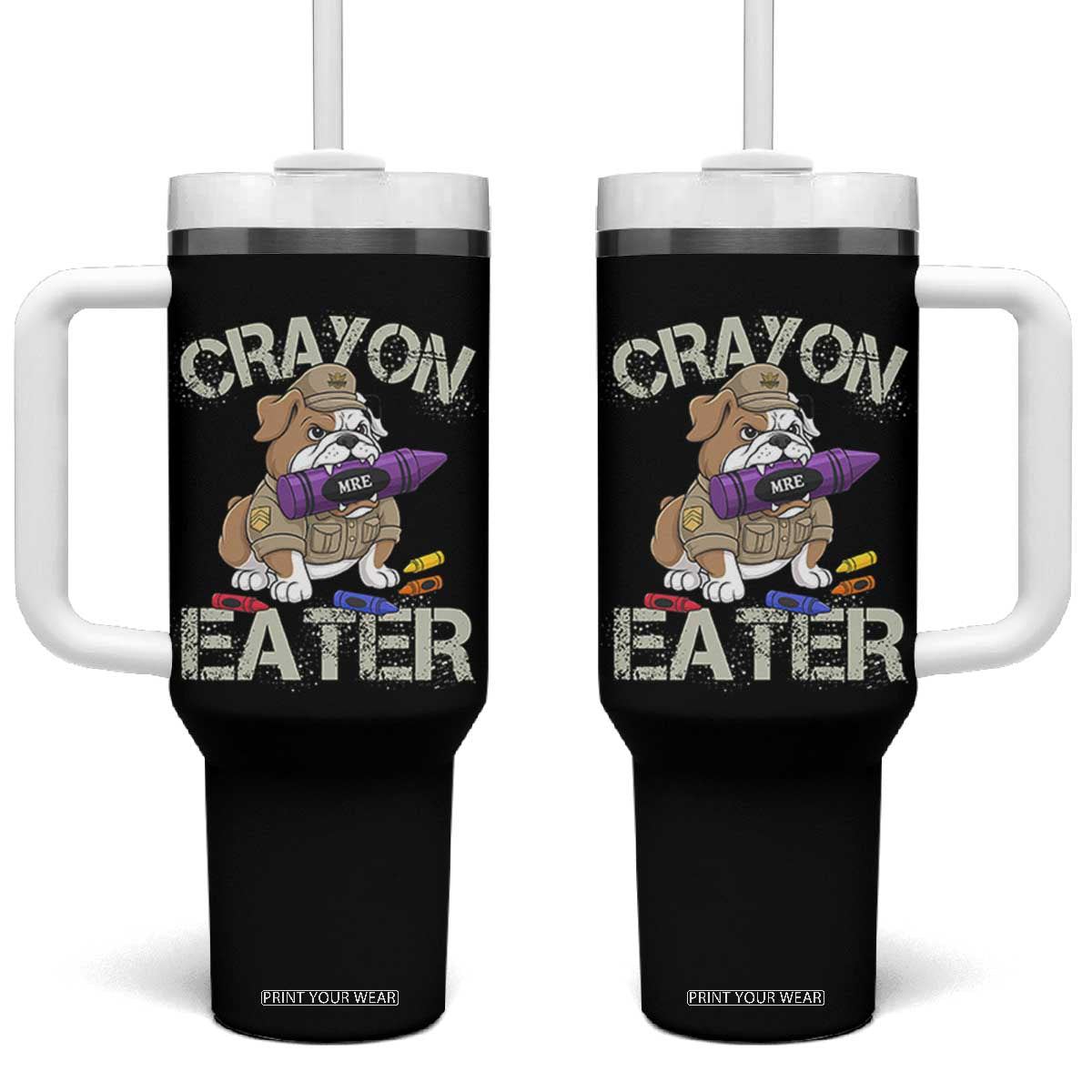 Crayon Eater Bulldog Tumbler With Handle Funny Military Gift with Combat Pup and MRE Crayon TS02 One Size: 40 oz Black Print Your Wear