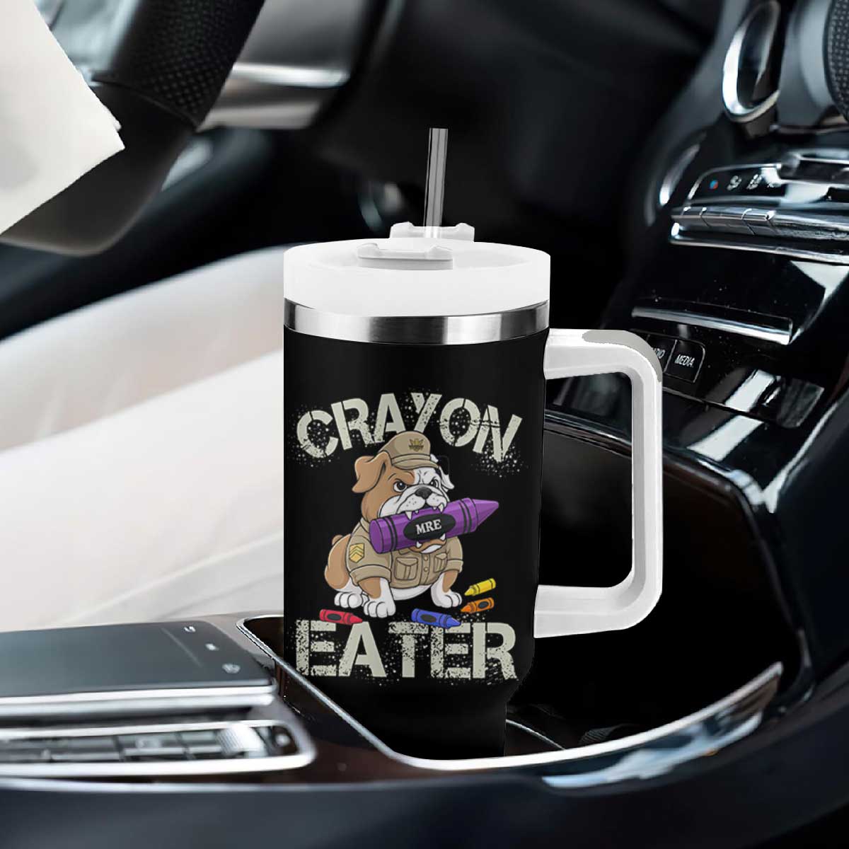Crayon Eater Bulldog Tumbler With Handle Funny Military Gift with Combat Pup and MRE Crayon TS02 Print Your Wear