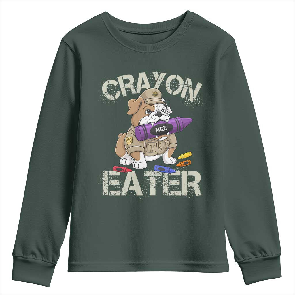 Crayon Eater Bulldog Youth Sweatshirt Funny Military Gift with Combat Pup and MRE Crayon TS02 Dark Forest Green Print Your Wear