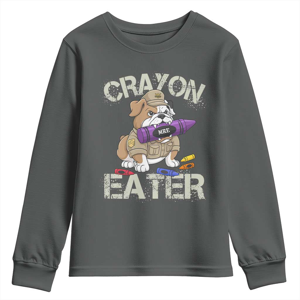 Crayon Eater Bulldog Youth Sweatshirt Funny Military Gift with Combat Pup and MRE Crayon TS02 Dark Heather Print Your Wear
