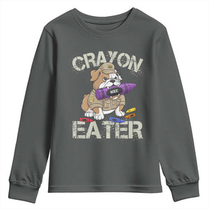 Crayon Eater Bulldog Youth Sweatshirt Funny Military Gift with Combat Pup and MRE Crayon TS02 Dark Heather Print Your Wear