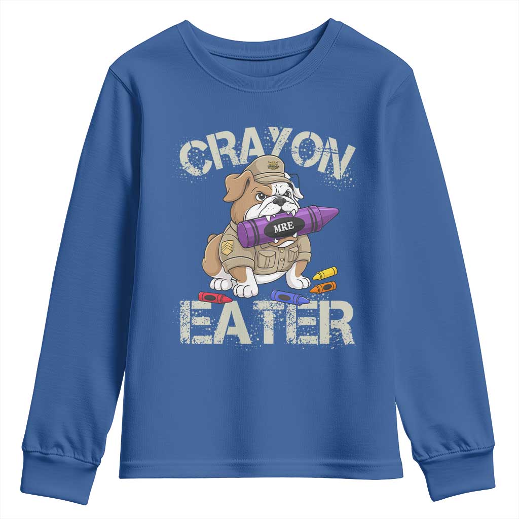 Crayon Eater Bulldog Youth Sweatshirt Funny Military Gift with Combat Pup and MRE Crayon TS02 Royal Blue Print Your Wear