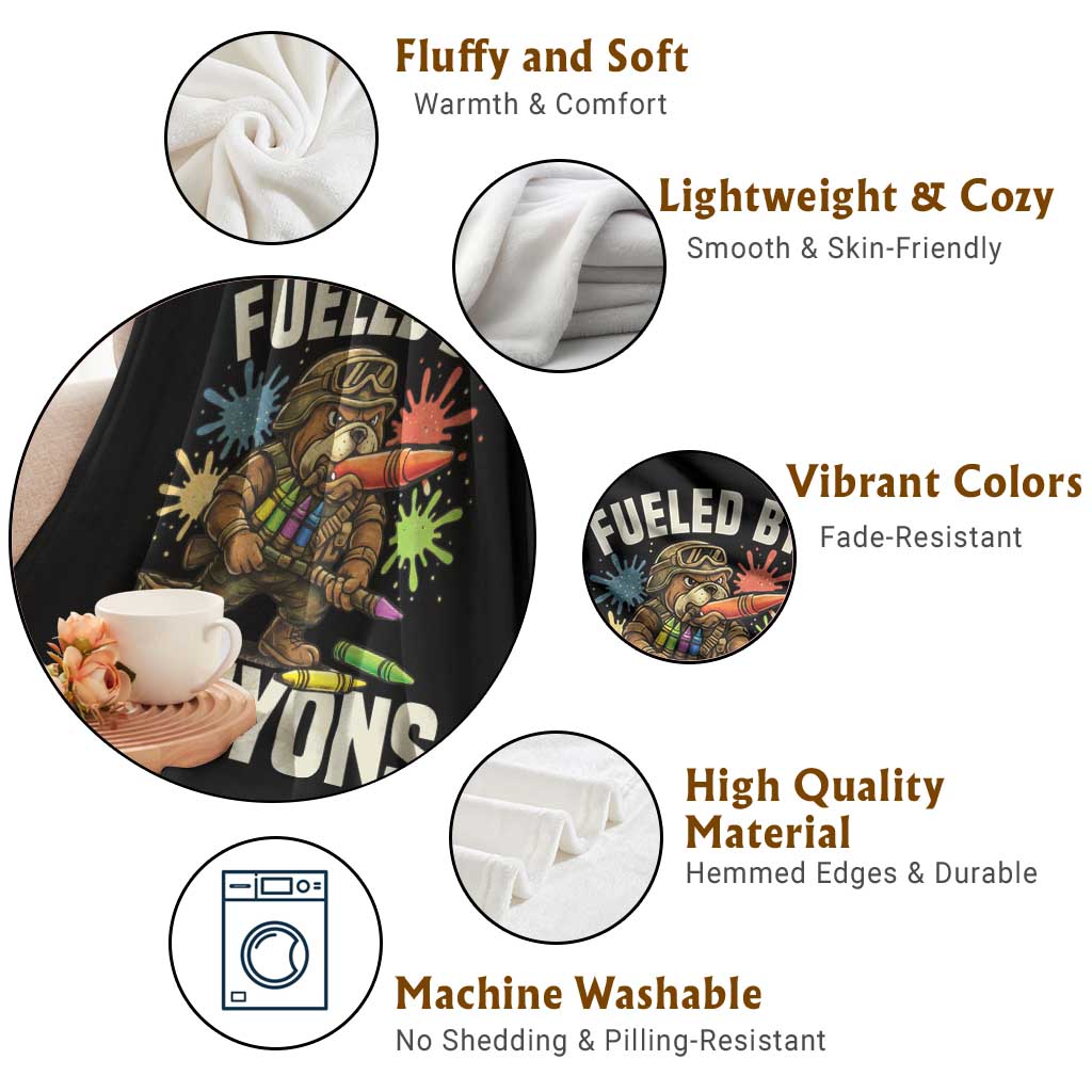 Fueled by Crayons Bulldog Soldier Throw Blanket Funny Combat Veteran Crayon Launcher TS02 Print Your Wear