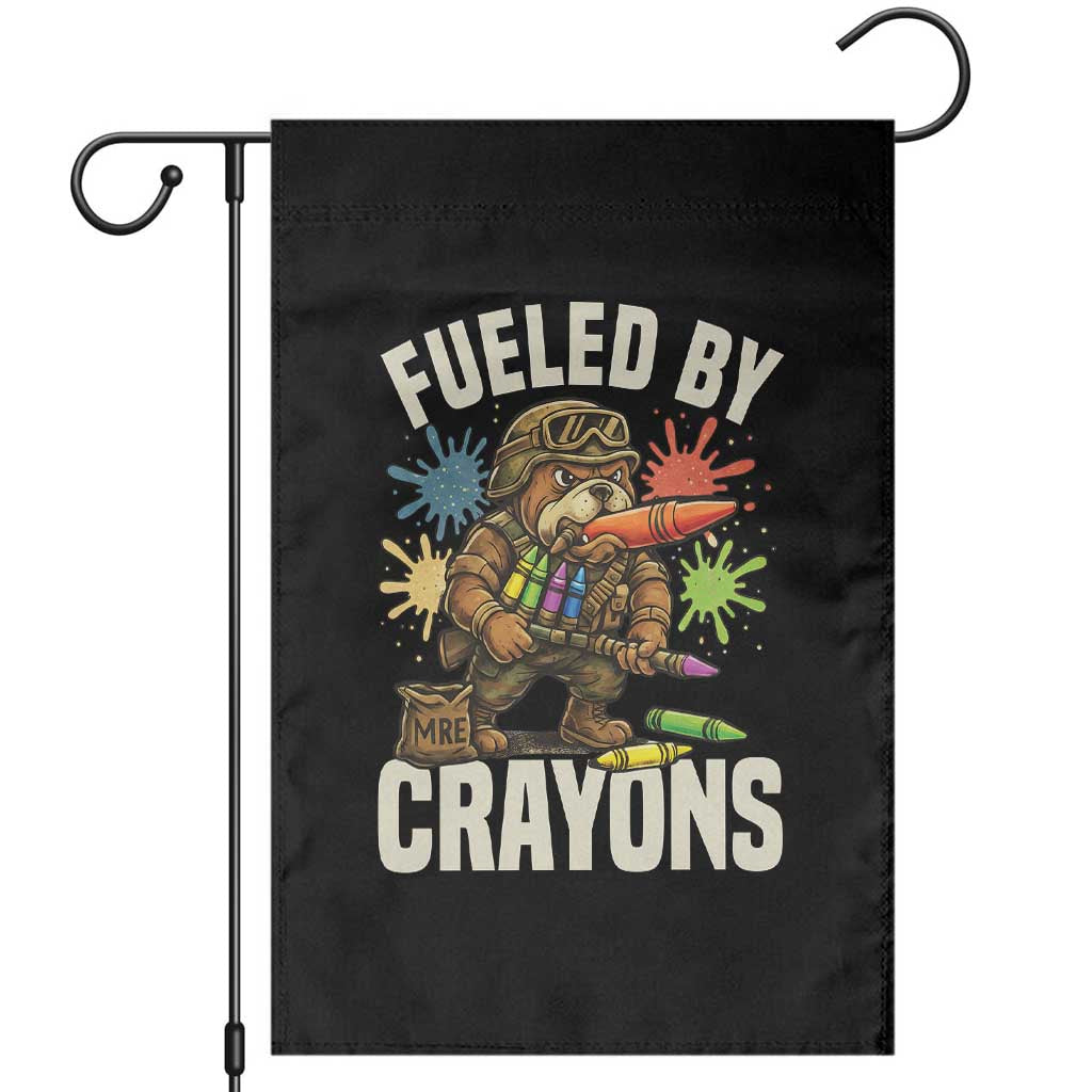 Fueled by Crayons Bulldog Soldier Garden Flag Funny Combat Veteran Crayon Launcher TS02 Black Print Your Wear