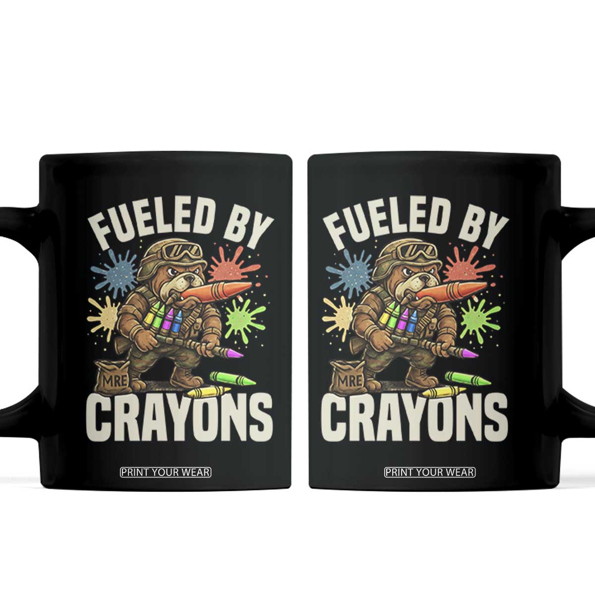 Fueled by Crayons Bulldog Soldier Coffee Mug Funny Combat Veteran Crayon Launcher TS02 Black Print Your Wear