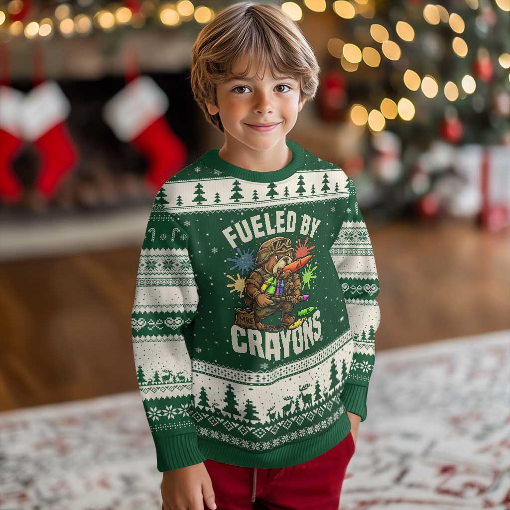 Fueled by Crayons Bulldog Soldier Ugly Christmas Sweater Funny Combat Veteran Crayon Launcher TS02 Forest Green Beige Print Your Wear
