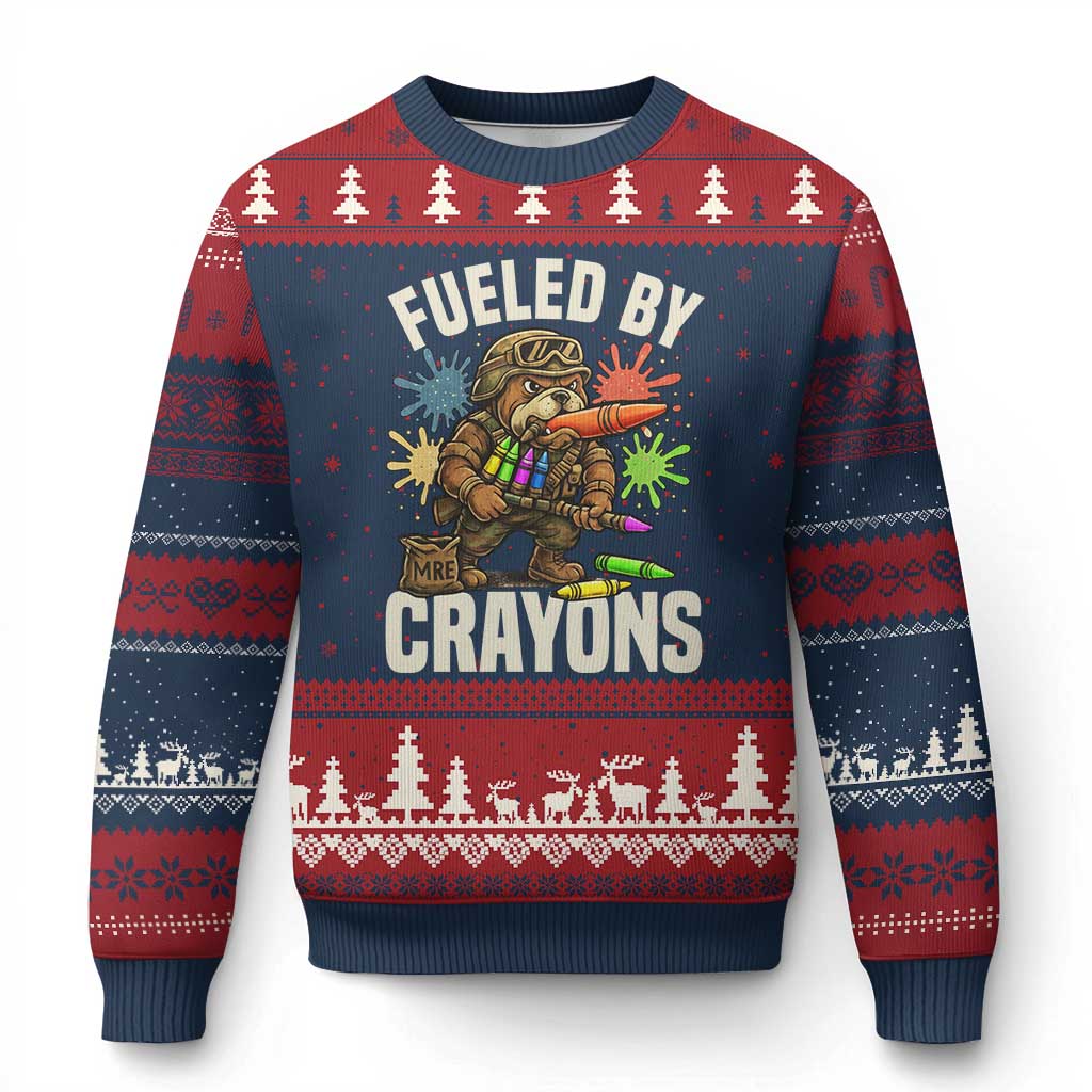 Fueled by Crayons Bulldog Soldier Ugly Christmas Sweater Funny Combat Veteran Crayon Launcher TS02 Navy Red Print Your Wear
