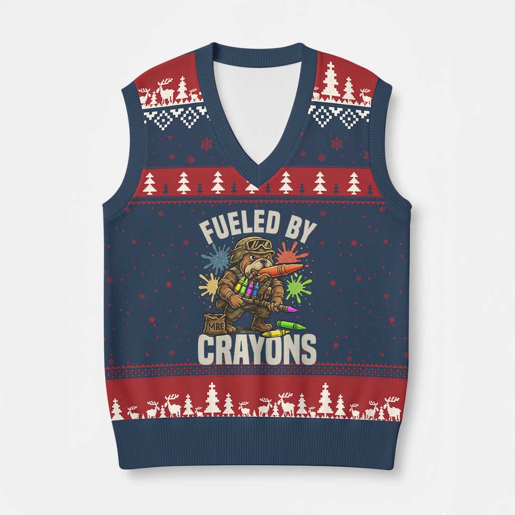 Fueled by Crayons Bulldog Soldier V-Neck Knit Sweater Vest Funny Combat Veteran Crayon Launcher TS02 Navy Red Print Your Wear