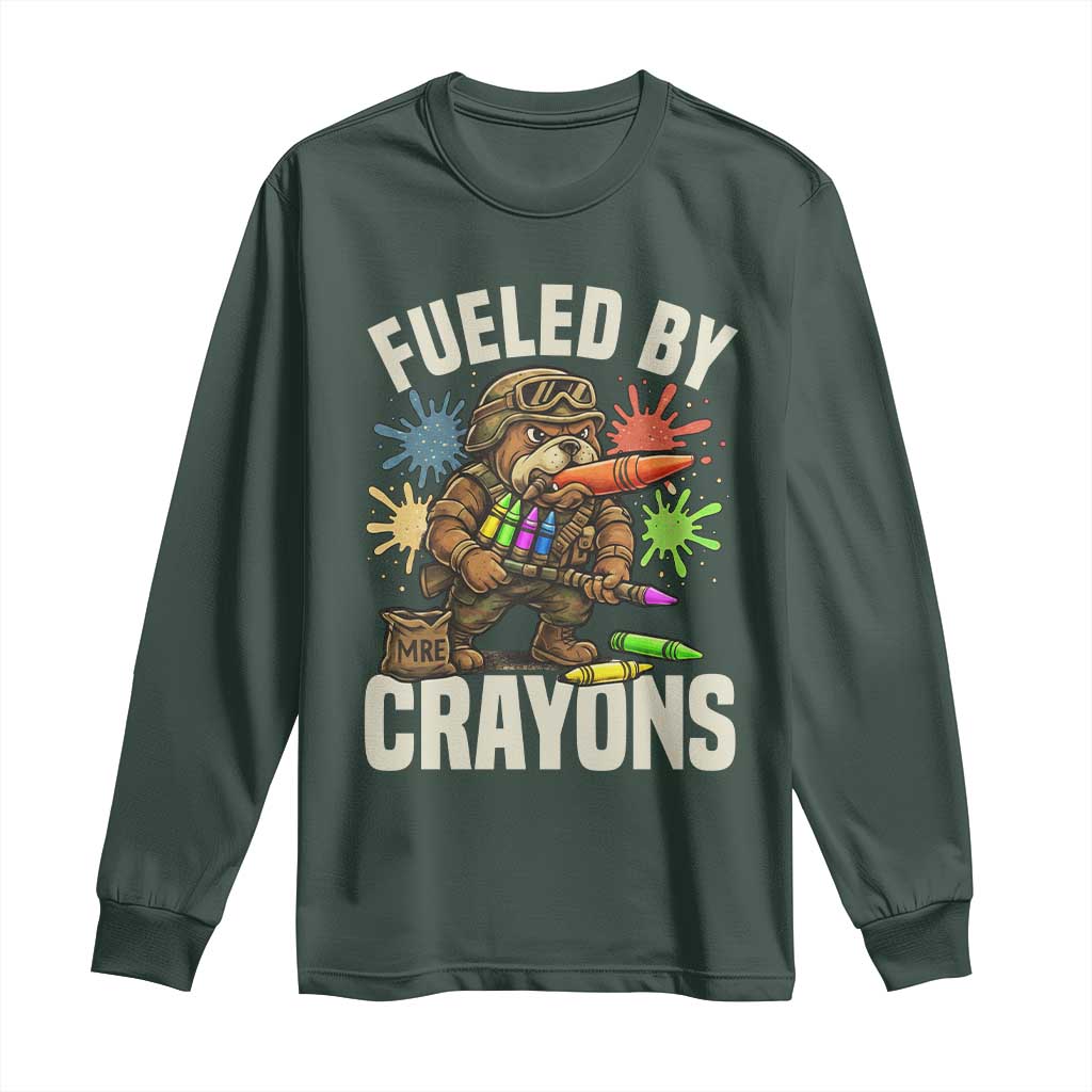 Fueled by Crayons Bulldog Soldier Long Sleeve Shirt Funny Combat Veteran Crayon Launcher TS02 Dark Forest Green Print Your Wear