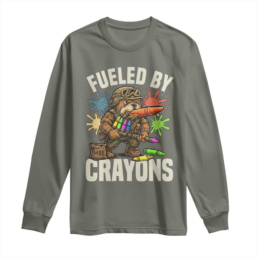 Fueled by Crayons Bulldog Soldier Long Sleeve Shirt Funny Combat Veteran Crayon Launcher TS02 Military Green Print Your Wear