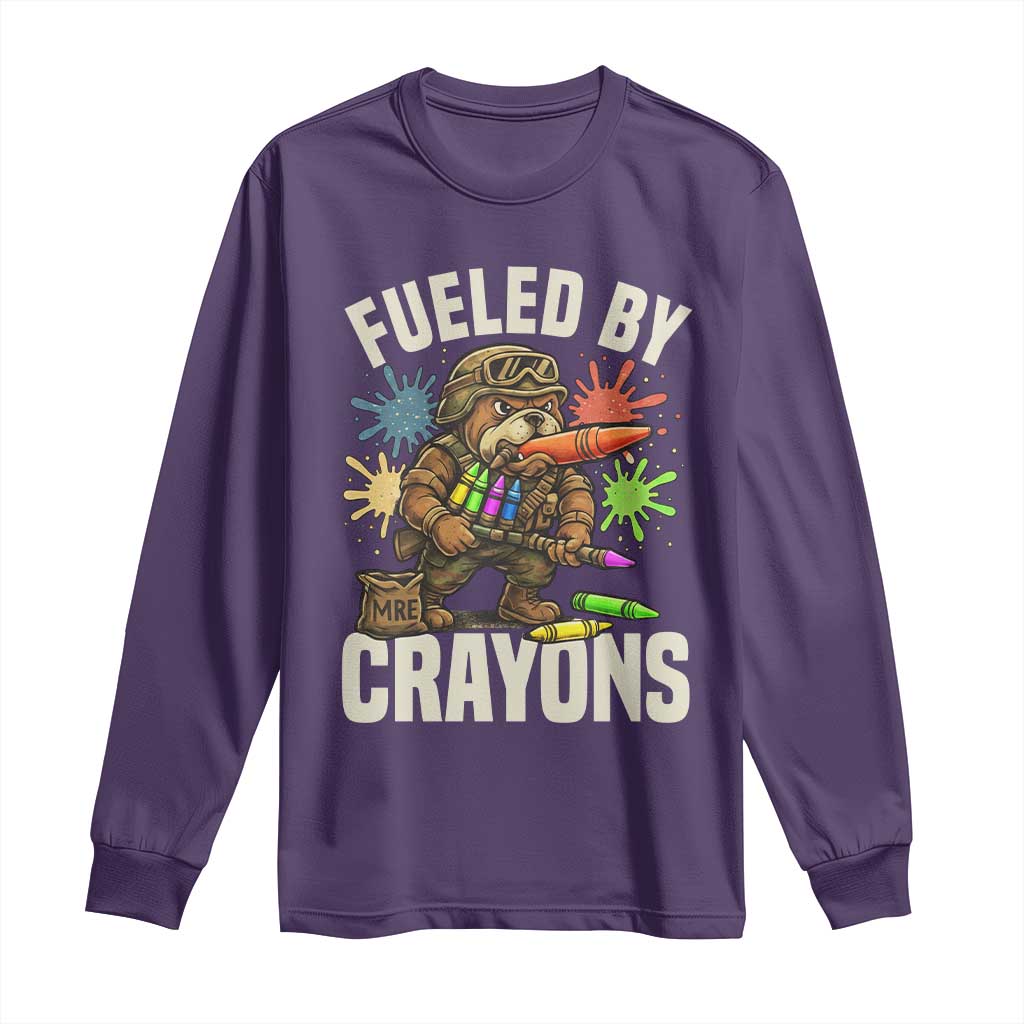 Fueled by Crayons Bulldog Soldier Long Sleeve Shirt Funny Combat Veteran Crayon Launcher TS02 Purple Print Your Wear