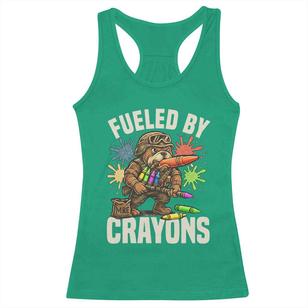 Fueled by Crayons Bulldog Soldier Racerback Tank Top Funny Combat Veteran Crayon Launcher TS02 Irish Green Print Your Wear