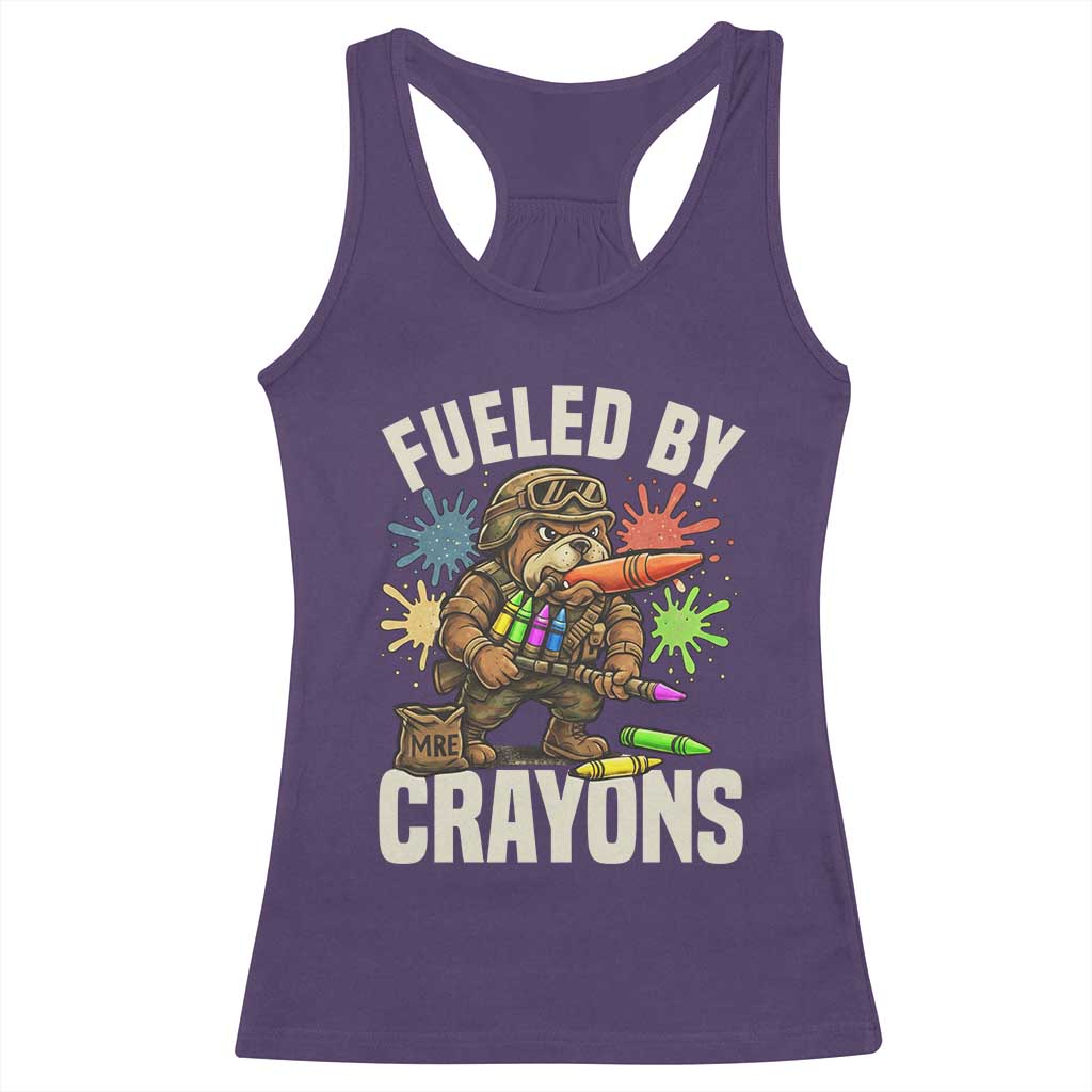 Fueled by Crayons Bulldog Soldier Racerback Tank Top Funny Combat Veteran Crayon Launcher TS02 Purple Print Your Wear