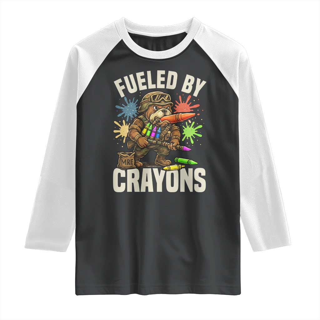 Fueled by Crayons Bulldog Soldier Raglan Shirt Funny Combat Veteran Crayon Launcher TS02 Black White Print Your Wear
